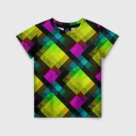 Детская футболка 3D с принтом Абстрактный разноцветный узор  в Тюмени, 100% гипоаллергенный полиэфир | прямой крой, круглый вырез горловины, длина до линии бедер, чуть спущенное плечо, ткань немного тянется | Тематика изображения на принте: абстрактный | геометрический | желтый | зеленый | молодежный | мраморный | разноцветный | современный | черный