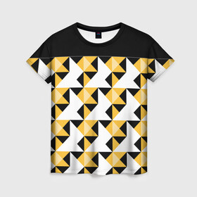 Женская футболка 3D с принтом Черно-желтый геометрический  в Тюмени, 100% полиэфир ( синтетическое хлопкоподобное полотно) | прямой крой, круглый вырез горловины, длина до линии бедер | абстрактный | геометрический | желтый | молодежный | мужской | разноцветный | современный | черный