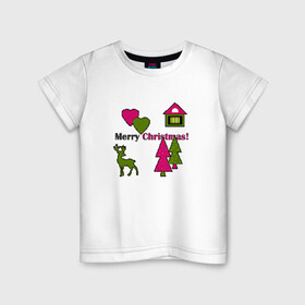 Детская футболка хлопок с принтом С рождеством! в Тюмени, 100% хлопок | круглый вырез горловины, полуприлегающий силуэт, длина до линии бедер | Тематика изображения на принте: детский | домик | елки | модный | олень | пиксельный узор | рождество | сердце