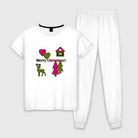 Женская пижама хлопок с принтом С рождеством! в Тюмени, 100% хлопок | брюки и футболка прямого кроя, без карманов, на брюках мягкая резинка на поясе и по низу штанин | детский | домик | елки | модный | олень | пиксельный узор | рождество | сердце
