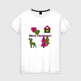 Женская футболка хлопок с принтом С рождеством! в Тюмени, 100% хлопок | прямой крой, круглый вырез горловины, длина до линии бедер, слегка спущенное плечо | детский | домик | елки | модный | олень | пиксельный узор | рождество | сердце