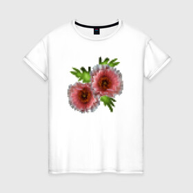 Женская футболка хлопок с принтом Пиксельный узор Маки в Тюмени, 100% хлопок | прямой крой, круглый вырез горловины, длина до линии бедер, слегка спущенное плечо | букет | девушкам | детский | женский | маки | модный | цветочный узор | цветы