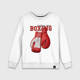 Детский свитшот хлопок с принтом BOXING в Тюмени, 100% хлопок | круглый вырез горловины, эластичные манжеты, пояс и воротник | box | boxing | fighter | figt | mma | national | sport | team | боец | бои | бокс | боксер | единоборства | перчатки | сборная | спорт
