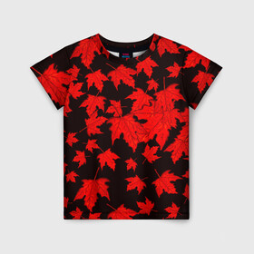 Детская футболка 3D с принтом осенние листья в Тюмени, 100% гипоаллергенный полиэфир | прямой крой, круглый вырез горловины, длина до линии бедер, чуть спущенное плечо, ткань немного тянется | клён | кленовые | красный | красный на черном | листва | листопад | листья | листья падают | осенние | осень | черный