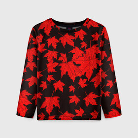 Детский лонгслив 3D с принтом осенние листья в Тюмени, 100% полиэстер | длинные рукава, круглый вырез горловины, полуприлегающий силуэт
 | клён | кленовые | красный | красный на черном | листва | листопад | листья | листья падают | осенние | осень | черный