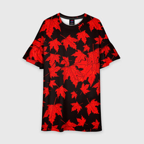 Детское платье 3D с принтом осенние листья в Тюмени, 100% полиэстер | прямой силуэт, чуть расширенный к низу. Круглая горловина, на рукавах — воланы | Тематика изображения на принте: клён | кленовые | красный | красный на черном | листва | листопад | листья | листья падают | осенние | осень | черный