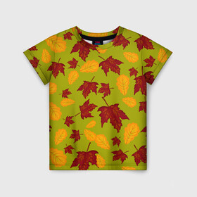 Детская футболка 3D с принтом осенние листья клён и дуб в Тюмени, 100% гипоаллергенный полиэфир | прямой крой, круглый вырез горловины, длина до линии бедер, чуть спущенное плечо, ткань немного тянется | дуб | клён | кленовые | красный | красный на черном | листва | листопад | листья | листья падают | осенние | осень | черный
