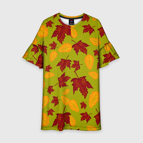 Детское платье 3D с принтом осенние листья клён и дуб в Тюмени, 100% полиэстер | прямой силуэт, чуть расширенный к низу. Круглая горловина, на рукавах — воланы | дуб | клён | кленовые | красный | красный на черном | листва | листопад | листья | листья падают | осенние | осень | черный