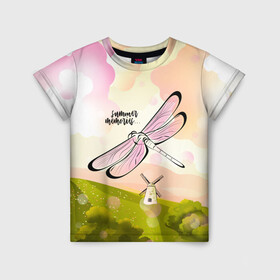 Детская футболка 3D с принтом Стрекоза. Воспоминания о лете в Тюмени, 100% гипоаллергенный полиэфир | прямой крой, круглый вырез горловины, длина до линии бедер, чуть спущенное плечо, ткань немного тянется | Тематика изображения на принте: лето | насекомое | небо | облака | пейзаж | поле | стрекоза