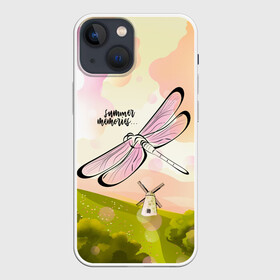 Чехол для iPhone 13 mini с принтом Стрекоза. Воспоминания о лете в Тюмени,  |  | Тематика изображения на принте: лето | насекомое | небо | облака | пейзаж | поле | стрекоза
