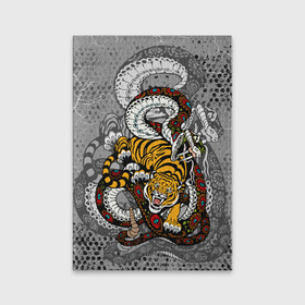 Обложка для паспорта матовая кожа с принтом Змея и Тигр|Tiger Snake Fight  в Тюмени, натуральная матовая кожа | размер 19,3 х 13,7 см; прозрачные пластиковые крепления | beast | борьба | животные | зверь | змея | когти | кошки | огонь | тигр | узор | чб | японский