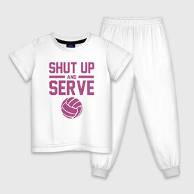 Детская пижама хлопок с принтом Shut Up And Serve в Тюмени, 100% хлопок |  брюки и футболка прямого кроя, без карманов, на брюках мягкая резинка на поясе и по низу штанин
 | ball | beach | game | sport | volley | volleyball | волейбол | волейболист | волейболистка | гол | игра | игрок | мяч | площадка | пляж | пляжный | победа | сетка | спорт | тренер | чемпион