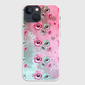 Чехол для iPhone 13 mini с принтом Акварельный камуфляж с цветами в Тюмени,  |  | акварель | акварельный | анютины глазки | градиент | женственный | камуфляж | разводы | разноцветный | фиалки | цветочки | цветочный | цветы