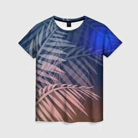 Женская футболка 3D с принтом Тропическая ночь в Тюмени, 100% полиэфир ( синтетическое хлопкоподобное полотно) | прямой крой, круглый вырез горловины, длина до линии бедер | вечер | коричневый | коричневый и синий | листья | луна | ночь | отдых | пальмы | природа | путешествие | синий