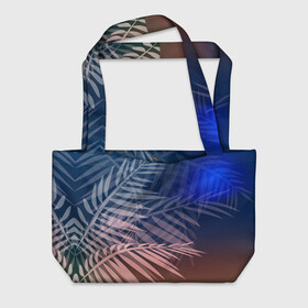 Пляжная сумка 3D с принтом Тропическая ночь в Тюмени, 100% полиэстер | застегивается на металлическую кнопку; внутренний карман застегивается на молнию. Стенки укреплены специальным мягким материалом, чтобы защитить содержимое от несильных ударов
 | вечер | коричневый | коричневый и синий | листья | луна | ночь | отдых | пальмы | природа | путешествие | синий