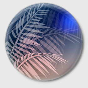 Значок с принтом Тропическая ночь в Тюмени,  металл | круглая форма, металлическая застежка в виде булавки | вечер | коричневый | коричневый и синий | листья | луна | ночь | отдых | пальмы | природа | путешествие | синий