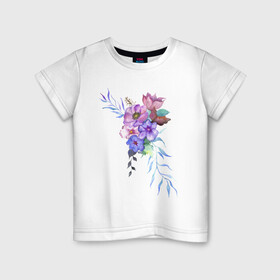 Детская футболка хлопок с принтом Акварель цветы в Тюмени, 100% хлопок | круглый вырез горловины, полуприлегающий силуэт, длина до линии бедер | flowers | акварель | букет | синий | цветы
