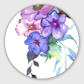 Коврик для мышки круглый с принтом Акварель цветы в Тюмени, резина и полиэстер | круглая форма, изображение наносится на всю лицевую часть | flowers | акварель | букет | синий | цветы