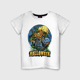 Детская футболка хлопок с принтом Halloween в Тюмени, 100% хлопок | круглый вырез горловины, полуприлегающий силуэт, длина до линии бедер | bat | halloween | holiday | knife | moon | night | pumpkin | skull | smile | летучая мышь | нож | ночь | праздник | тыква | улыбка | хэллоуин | череп