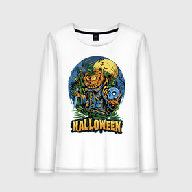 Женский лонгслив хлопок с принтом Halloween в Тюмени, 100% хлопок |  | bat | halloween | holiday | knife | moon | night | pumpkin | skull | smile | летучая мышь | нож | ночь | праздник | тыква | улыбка | хэллоуин | череп