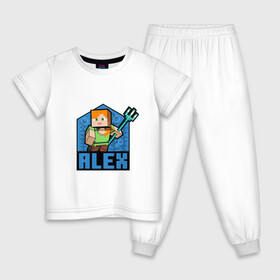 Детская пижама хлопок с принтом Алекс и алмазный трезубец в Тюмени, 100% хлопок |  брюки и футболка прямого кроя, без карманов, на брюках мягкая резинка на поясе и по низу штанин
 | Тематика изображения на принте: alex | maincraft | mob | pixel | unit | алекс | алмаз | алмазный | маинкрафт | майнкрафт | моб | персонаж | пиксели | подземелье | трезубец | тризубец | фаербол | файрбол | фаэрбол