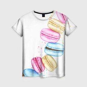 Женская футболка 3D с принтом Macarons. Нежный десерт в Тюмени, 100% полиэфир ( синтетическое хлопкоподобное полотно) | прямой крой, круглый вырез горловины, длина до линии бедер | акварель | акварельные | десерт | десерты | макаронс | макаруны | пирожное | пирожные | разноцветные | сладости