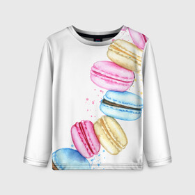 Детский лонгслив 3D с принтом Macarons. Нежный десерт в Тюмени, 100% полиэстер | длинные рукава, круглый вырез горловины, полуприлегающий силуэт
 | акварель | акварельные | десерт | десерты | макаронс | макаруны | пирожное | пирожные | разноцветные | сладости
