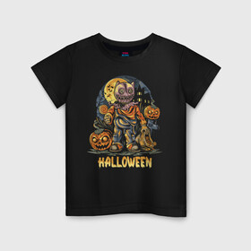Детская футболка хлопок с принтом Halloween в Тюмени, 100% хлопок | круглый вырез горловины, полуприлегающий силуэт, длина до линии бедер | halloween | holiday | jaw | moon | night | pumpkin | smile | луна | ночь | праздник | тыква | улыбка | хэллоуин