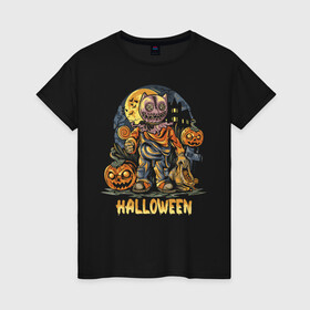Женская футболка хлопок с принтом Halloween в Тюмени, 100% хлопок | прямой крой, круглый вырез горловины, длина до линии бедер, слегка спущенное плечо | halloween | holiday | jaw | moon | night | pumpkin | smile | луна | ночь | праздник | тыква | улыбка | хэллоуин