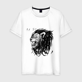 Мужская футболка хлопок с принтом Лев в Тюмени, 100% хлопок | прямой крой, круглый вырез горловины, длина до линии бедер, слегка спущенное плечо. | animal | animalistic | art | black | cat | drawing | illustration | lions | агрессивно