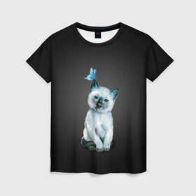 Женская футболка 3D с принтом Тайский котенок с бабочкой в Тюмени, 100% полиэфир ( синтетическое хлопкоподобное полотно) | прямой крой, круглый вырез горловины, длина до линии бедер | акварель | бабочка | кот | котенок | котик | кошечка | кошка | смешной | тайский | темный