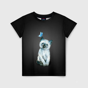 Детская футболка 3D с принтом Тайский котенок с бабочкой в Тюмени, 100% гипоаллергенный полиэфир | прямой крой, круглый вырез горловины, длина до линии бедер, чуть спущенное плечо, ткань немного тянется | акварель | бабочка | кот | котенок | котик | кошечка | кошка | смешной | тайский | темный