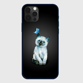 Чехол для iPhone 12 Pro с принтом Тайский котенок с бабочкой в Тюмени, силикон | область печати: задняя сторона чехла, без боковых панелей | Тематика изображения на принте: акварель | бабочка | кот | котенок | котик | кошечка | кошка | смешной | тайский | темный