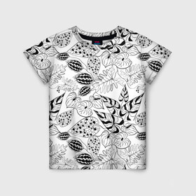 Детская футболка 3D с принтом Черно-белый узор Тропики в Тюмени, 100% гипоаллергенный полиэфир | прямой крой, круглый вырез горловины, длина до линии бедер, чуть спущенное плечо, ткань немного тянется | абстрактный | листья | модный | популярный | рисунок | скетч | тропический узор | цветы | черный и белый | экзотические растения