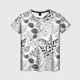 Женская футболка 3D с принтом Черно-белый узор Тропики в Тюмени, 100% полиэфир ( синтетическое хлопкоподобное полотно) | прямой крой, круглый вырез горловины, длина до линии бедер | абстрактный | листья | модный | популярный | рисунок | скетч | тропический узор | цветы | черный и белый | экзотические растения