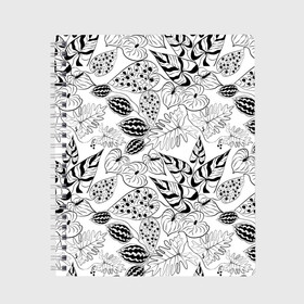 Тетрадь с принтом Черно-белый узор Тропики в Тюмени, 100% бумага | 48 листов, плотность листов — 60 г/м2, плотность картонной обложки — 250 г/м2. Листы скреплены сбоку удобной пружинной спиралью. Уголки страниц и обложки скругленные. Цвет линий — светло-серый
 | Тематика изображения на принте: абстрактный | листья | модный | популярный | рисунок | скетч | тропический узор | цветы | черный и белый | экзотические растения