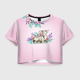 Женская футболка Crop-top 3D с принтом Олененок в цветах в Тюмени, 100% полиэстер | круглая горловина, длина футболки до линии талии, рукава с отворотами | акварель | акварельный | градиент | космея | лаванда | олененок | олени | олень | цветочный | цветы