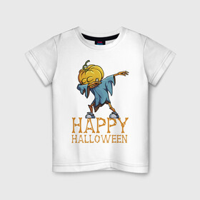 Детская футболка хлопок с принтом Happy Halloween в Тюмени, 100% хлопок | круглый вырез горловины, полуприлегающий силуэт, длина до линии бедер | Тематика изображения на принте: dab | eyes | gesture | halloween | holiday | hype | pumpkin | rag | глаза | жест | праздник | рваньё | тыква | хайп | хэллоуин