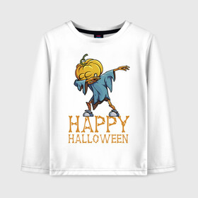 Детский лонгслив хлопок с принтом Happy Halloween в Тюмени, 100% хлопок | круглый вырез горловины, полуприлегающий силуэт, длина до линии бедер | dab | eyes | gesture | halloween | holiday | hype | pumpkin | rag | глаза | жест | праздник | рваньё | тыква | хайп | хэллоуин