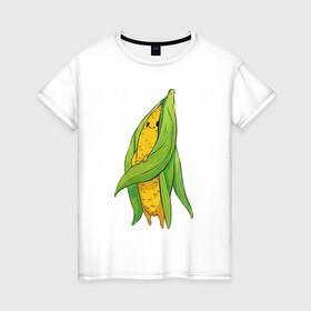 Женская футболка хлопок с принтом Милая кукурузка в Тюмени, 100% хлопок | прямой крой, круглый вырез горловины, длина до линии бедер, слегка спущенное плечо | арт | длинные волосы | кукуруза | мило | милота | овощ | овощи | рисунок | свежие овощи | свежий овощ | свежий продукт