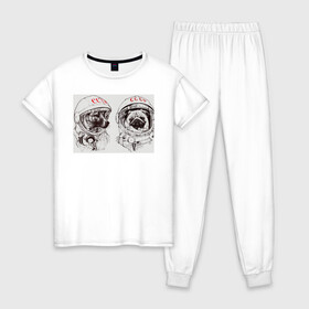 Женская пижама хлопок с принтом Собаки - космонавты в Тюмени, 100% хлопок | брюки и футболка прямого кроя, без карманов, на брюках мягкая резинка на поясе и по низу штанин | Тематика изображения на принте: в тренде. | космос | собаки | собаки на белом фоне | ссср