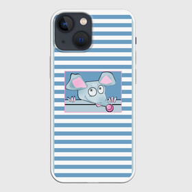 Чехол для iPhone 13 mini с принтом Веселая Мышь в Тюмени,  |  | в горошек | веселый | детский | забавный | комбинированный | крыса | лоскуты | мышь | полосатый узор | полосы | синий