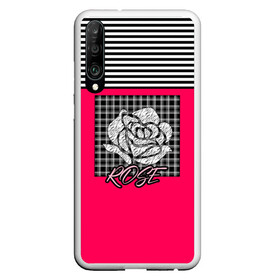 Чехол для Honor P30 с принтом Аппликация роза на клетчатом в Тюмени, Силикон | Область печати: задняя сторона чехла, без боковых панелей | аппликация | детский | комбинированный | полосатый | пэчворк | роза | розовый | цветочный узор | черный и малиновый | яркий малиновый