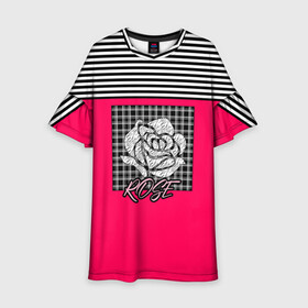 Детское платье 3D с принтом Аппликация роза на клетчатом в Тюмени, 100% полиэстер | прямой силуэт, чуть расширенный к низу. Круглая горловина, на рукавах — воланы | аппликация | детский | комбинированный | полосатый | пэчворк | роза | розовый | цветочный узор | черный и малиновый | яркий малиновый
