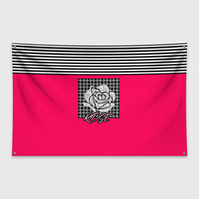 Флаг-баннер с принтом Аппликация роза на клетчатом в Тюмени, 100% полиэстер | размер 67 х 109 см, плотность ткани — 95 г/м2; по краям флага есть четыре люверса для крепления | аппликация | детский | комбинированный | полосатый | пэчворк | роза | розовый | цветочный узор | черный и малиновый | яркий малиновый