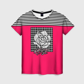 Женская футболка 3D с принтом Аппликация роза на клетчатом в Тюмени, 100% полиэфир ( синтетическое хлопкоподобное полотно) | прямой крой, круглый вырез горловины, длина до линии бедер | аппликация | детский | комбинированный | полосатый | пэчворк | роза | розовый | цветочный узор | черный и малиновый | яркий малиновый