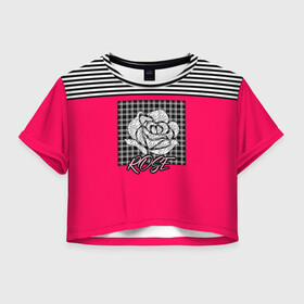 Женская футболка Crop-top 3D с принтом Аппликация роза на клетчатом в Тюмени, 100% полиэстер | круглая горловина, длина футболки до линии талии, рукава с отворотами | аппликация | детский | комбинированный | полосатый | пэчворк | роза | розовый | цветочный узор | черный и малиновый | яркий малиновый