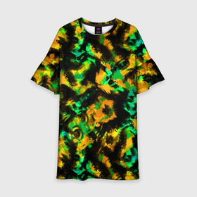 Детское платье 3D с принтом Абстрактный желто-зеленый узор в Тюмени, 100% полиэстер | прямой силуэт, чуть расширенный к низу. Круглая горловина, на рукавах — воланы | абстрактный | желтый | зеленый | камуфляж | мужской | популярный | размытый узор | современный | черный