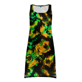 Платье-майка 3D с принтом Абстрактный желто-зеленый узор в Тюмени, 100% полиэстер | полуприлегающий силуэт, широкие бретели, круглый вырез горловины, удлиненный подол сзади. | абстрактный | желтый | зеленый | камуфляж | мужской | популярный | размытый узор | современный | черный