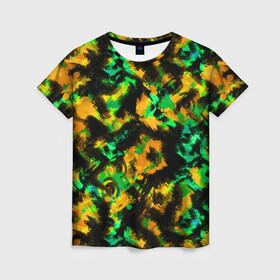 Женская футболка 3D с принтом Абстрактный желто-зеленый узор в Тюмени, 100% полиэфир ( синтетическое хлопкоподобное полотно) | прямой крой, круглый вырез горловины, длина до линии бедер | абстрактный | желтый | зеленый | камуфляж | мужской | популярный | размытый узор | современный | черный